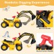 Kids ride-on excavator with arm lift and bucket control handles for a realistic digging experience and fun basketball.