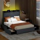 Full/Queen size bed frame with LED lights, upholstered headboard, and four spacious storage drawers for modern bedrooms.