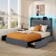 Full/Queen size bed frame with LED lights, upholstered headboard, and storage drawers for modern bedroom convenience.