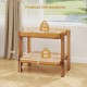 Rattan 2-tier end side table with tempered glass top and acacia wood legs, featuring dimensions for compact spaces.