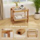 2-tier end side table with tempered glass top, sturdy acacia wood legs, and rattan shelf for versatile home use.