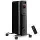 Oil filled radiator heater in black with adjustable thermostat, remote control, and easy-roll casters for efficient.