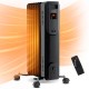 Oil filled radiator heater in black with adjustable thermostat, remote control, and LED display for efficient heating.