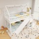Twin over twin bunk bed in white with slide, staircase, and decorative house-shaped frame for kids' playroom.