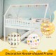 Twin over twin bunk bed with a decorative house-shaped frame, slide, and staircase for storage and play.