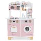 Wooden kids kitchen playset in pink featuring a coffee maker, oven, and sink, perfect for imaginative play.