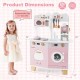 Wooden kids kitchen playset in pink featuring a coffee maker, oven, and realistic knobs, ideal for imaginative play.