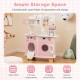 Wooden kids kitchen playset in pink with coffee maker, oven, and storage racks for imaginative cooking fun.