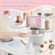 Wooden kids kitchen playset with pink coffee maker, featuring a simulated operating panel and rotating coffee filter.