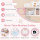Wooden kids kitchen playset in pink featuring a realistic coffee maker, microwave, oven, and sink for imaginative play.