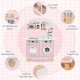 Wooden kids kitchen playset in pink featuring a coffee maker, microwave, and realistic rotating knobs for imaginative.