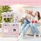 Wooden kids kitchen playset in pink with coffee maker, microwave, oven, and realistic knobs for imaginative play.