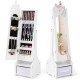 Kids jewelry armoire cabinet in white showcasing a side view with open storage compartments and mirror for easy access.