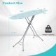 Foldable ironing board in turquoise with adjustable height, sturdy metal frame, and iron rest for convenient storage.