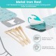 Foldable ironing board with turquoise cover, adjustable height, and metal iron rest for convenient ironing.