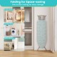 Foldable ironing board in turquoise with adjustable height, iron rest, and space-saving design for easy storage.