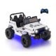 White 12V kids ride-on Jeep car with remote control, featuring adjustable speeds and non-slip wheels for stability.