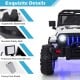 Close-up of the 12V kids ride-on Jeep car's ergonomic backrests, safety belt, and practical rearview mirrors.