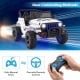 12V kids ride-on Jeep car in white with remote control, featuring adjustable speeds and non-slip wheels for stability.
