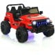 Front view of the red 12V kids ride-on Jeep car with LED lights and a stylish design, perfect for outdoor adventures.