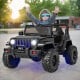 Kids ride-on Jeep car in solid black with remote control, featuring adjustable speeds and non-slip wheels for outdoor.