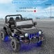 Solid black 12V kids ride-on Jeep with remote control, featuring soft start function and adjustable speeds for safety.