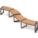 Curved patio bench with acacia wood slatted seat and metal legs, ideal for backyard or poolside seating.