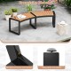Curved patio bench with acacia wood slatted seat and metal legs, featuring adjustable footpads for stability.