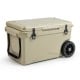 Portable 75 Quart tan cooler with wheels, rotomolded construction, and handles for easy transport, ideal for camping.