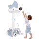 Kids basketball hoop in blue with moon-shaped scoreboard, adjustable height, and accessories for fun indoor and outdoor.