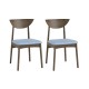 Set of 2 wooden dining chairs with rubber wood legs and soft blue linen cushions, perfect for dining rooms or.