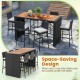 7-piece patio rattan bar set featuring acacia wood tabletop and soft cushions, perfect for space-saving in outdoor.