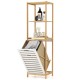 3-tier bamboo laundry hamper with tilt-out design and storage shelves, ideal for laundry rooms and bathrooms.