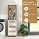 3-tier tilt-out laundry hamper in natural bamboo and white, featuring storage shelves for easy access in laundry rooms.