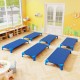 Six blue stackable daycare cots with sturdy metal frames and non-slip feet, ideal for kids' nap time in a classroom.