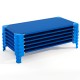 Blue stackable daycare cots for kids, featuring sturdy metal pipes and non-slip foot pads for stability and safety.