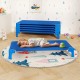Single blue portable daycare cot for kids, featuring smooth edges and elevated support legs for added safety and.
