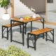 Rectangular patio dining set with acacia wood table and two benches, perfect for outdoor dining for 4 people.
