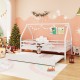 Twin house bed with trundle in white, featuring protective fence rails and a charming design for children's rooms.