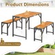 Product dimensions of a 3-piece patio dining set with acacia wood table and benches, accommodating 2-4 people.