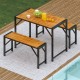 Rectangular patio dining set with acacia wood table and two benches, perfect for outdoor dining for four people.