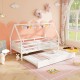 Twin house bed with trundle in white, featuring protective fences and a charming design for children's rooms.