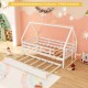 Twin house bed with trundle in white, featuring protective fences and sturdy plywood slats for children's room.