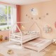 Twin house bed in white with trundle, protective fence rails, and cozy bedding, perfect for children's rooms.
