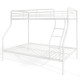 Twin over full bunk bed in white featuring a sturdy metal frame and noise-free design, perfect for teens and adults.
