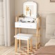 Adjustable height vanity desk set in white with 3-color LED mirror, drawers, and padded stool for versatile makeup use.