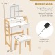 Dimension chart for adjustable height vanity desk set with detailed measurements for tabletop, stool, and power cord.