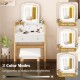 Adjustable height vanity desk set in white with 3-color LED mirror, drawers, and padded stool for versatile makeup.