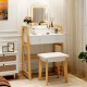 Adjustable height vanity desk set in white with LED mirror, three drawers, and padded stool for versatile makeup use.