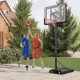 Portable basketball hoop with adjustable height, featuring a 44" backboard and two players in action outdoors.